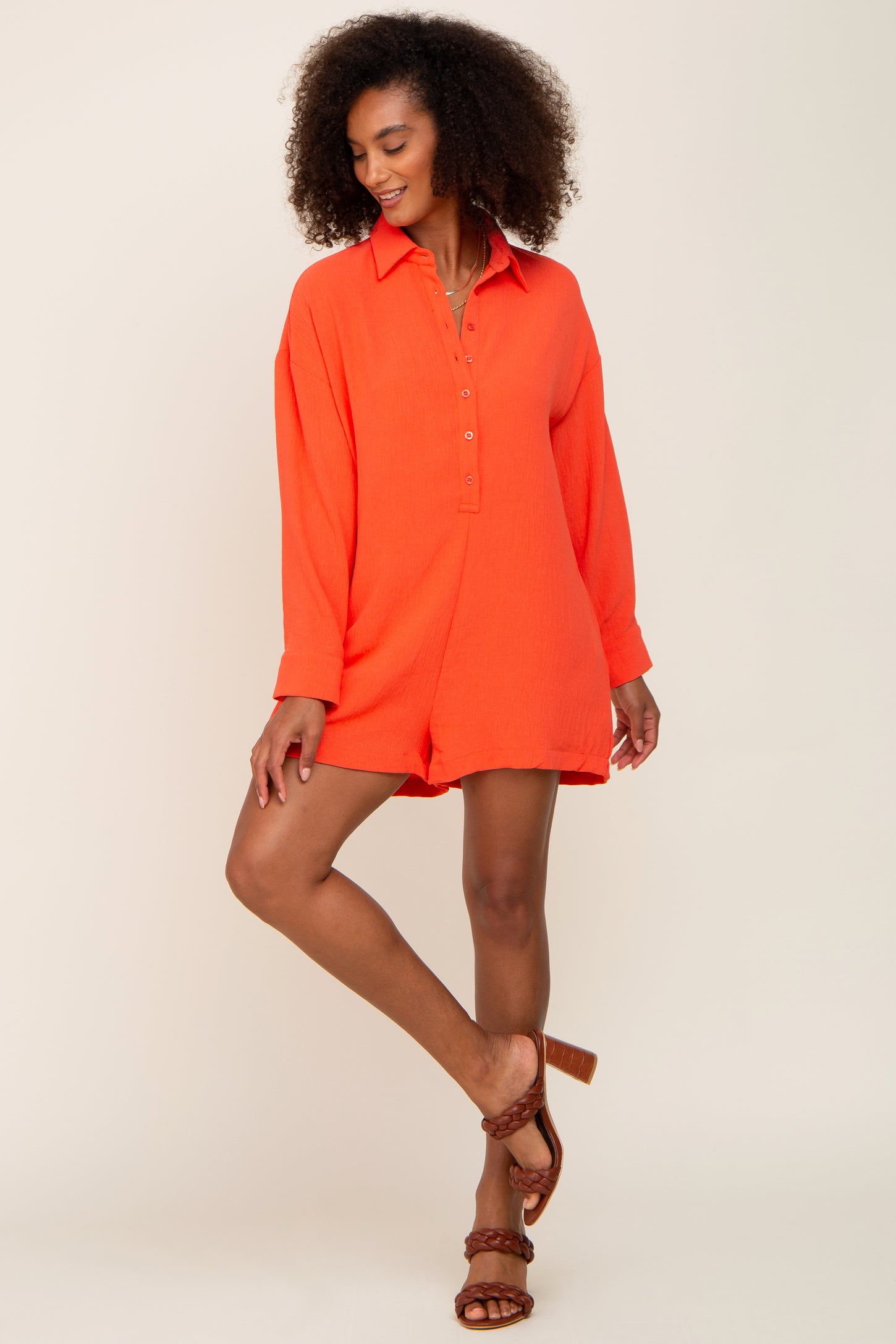 Coral Long Sleeve Button Down Romper