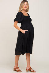 Black Smocked Puff Sleeve Ruffe Hem Maternity Midi Dress