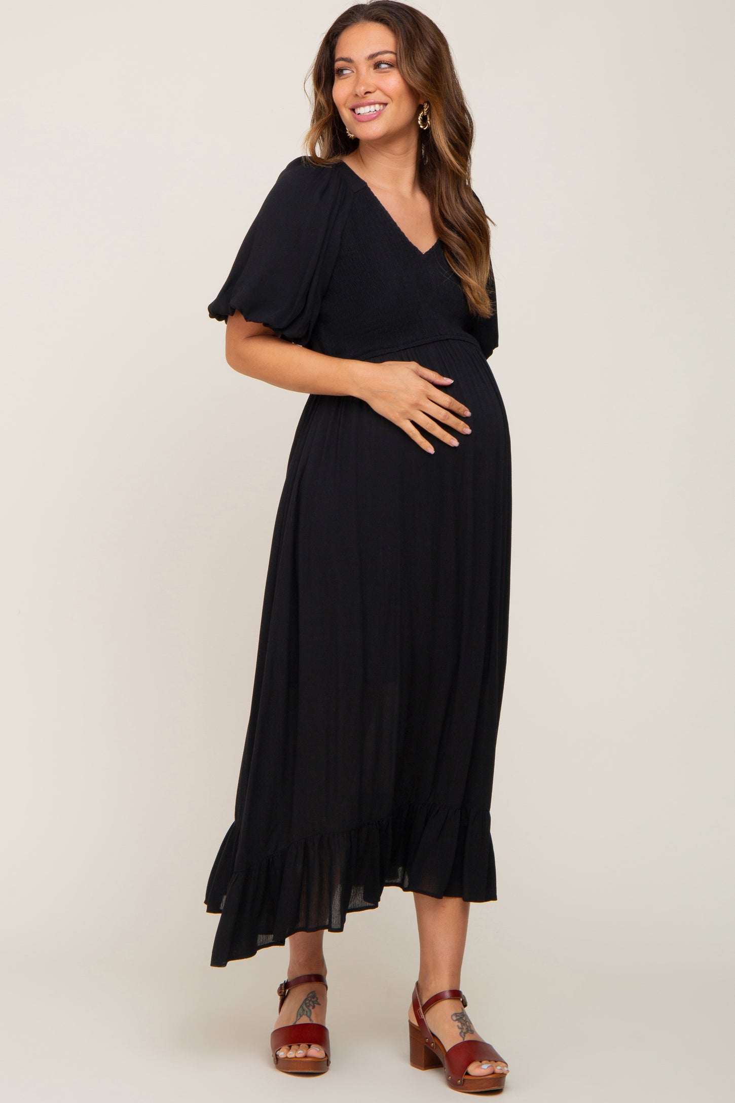 Black Smocked Puff Sleeve Maternity Midi Dress
