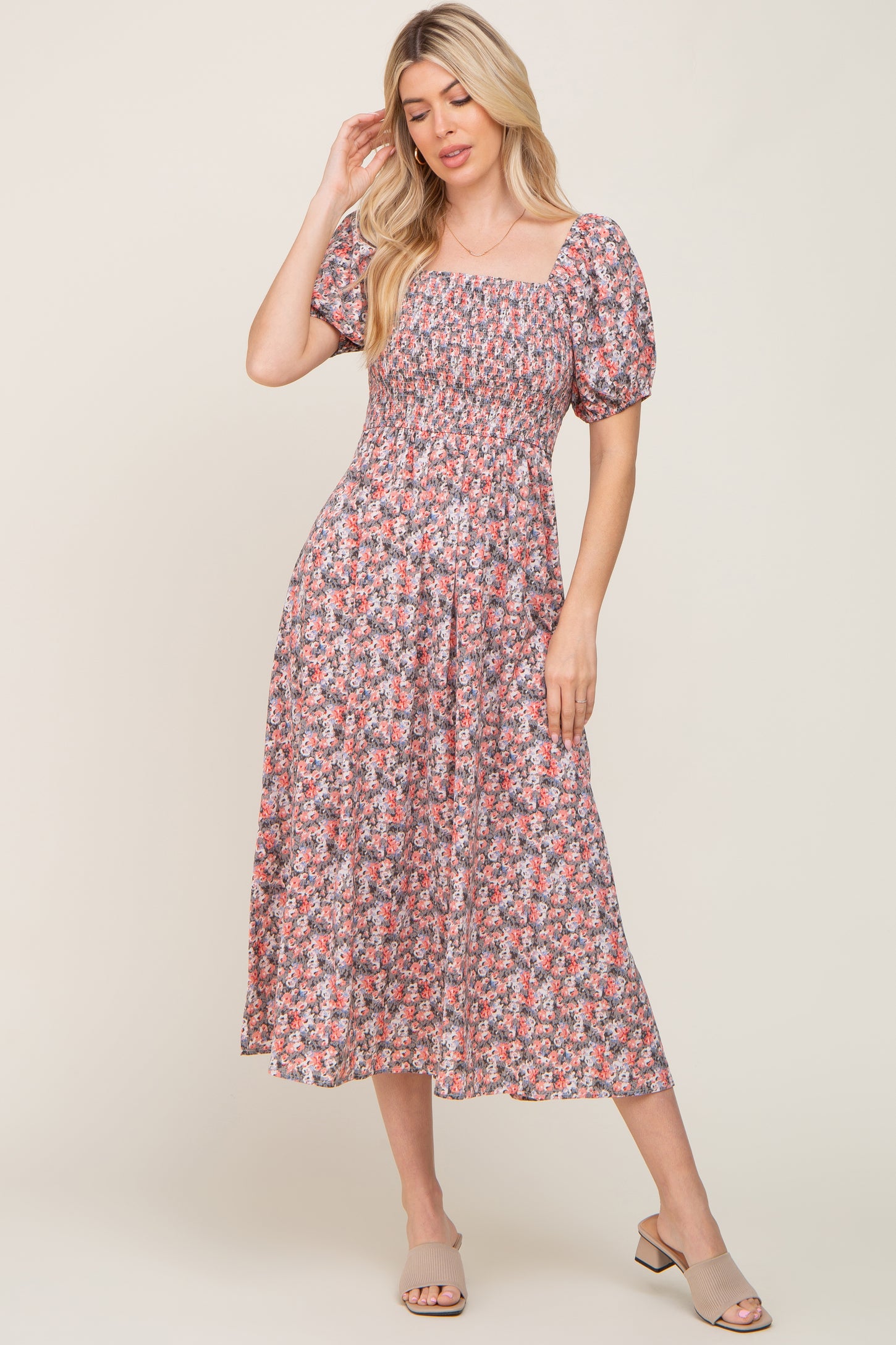 Coral Abstract Floral Smocked Midi Dress