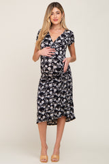 Black Floral Wrap Front Ruched Hi-Low Maternity Midi Dress