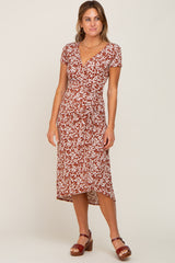 Rust Floral Wrap Front Ruched Hi-Low Midi Dress