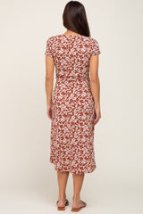 Rust Floral Wrap Front Ruched Hi-Low Maternity Midi Dress