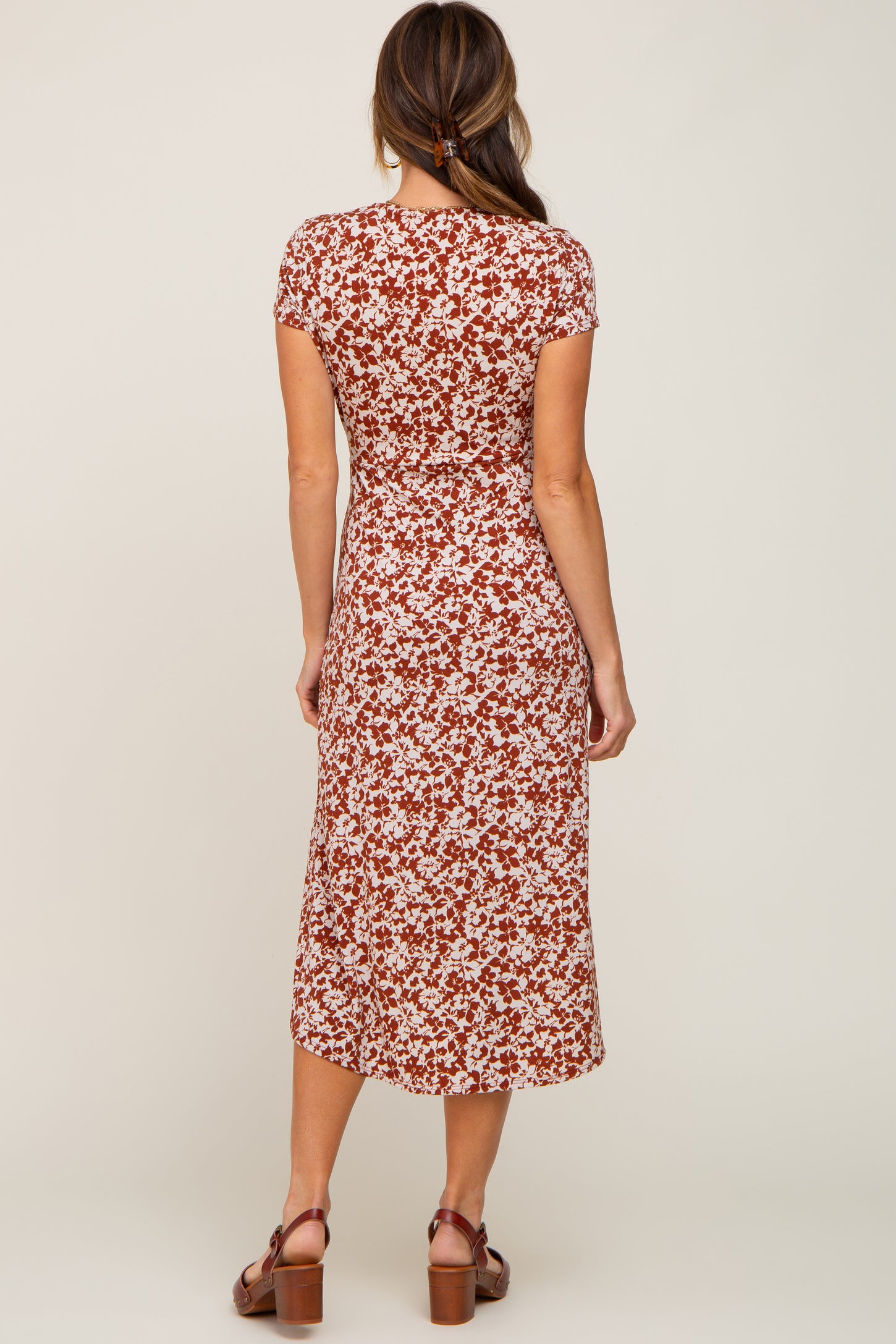 Rust Floral Wrap Front Ruched Hi-Low Midi Dress