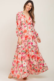 Peach Floral Deep V-Neck Long Sleeve Maternity Maxi Dress