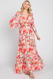 Peach Floral Deep V-Neck Long Sleeve Maxi Dress