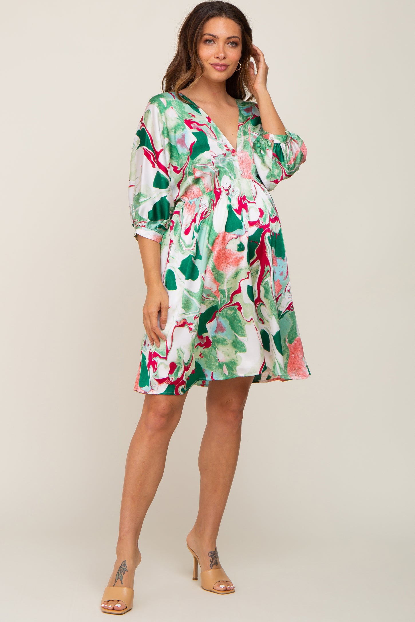 Green Swirl Print Satin Babydoll Maternity Dress