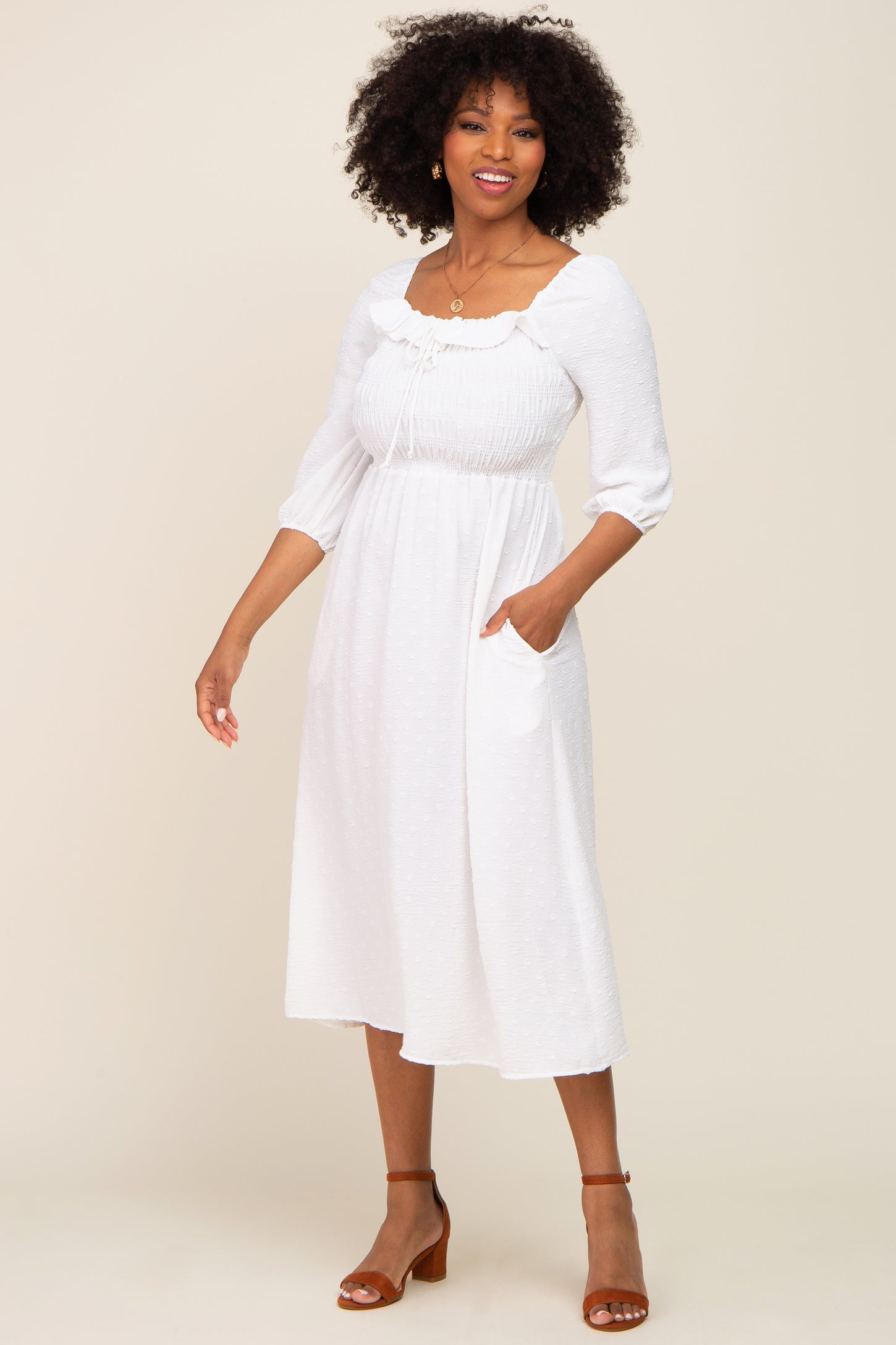 Ivory Swiss Dot 3/4 Sleeve Maternity Midi Dress