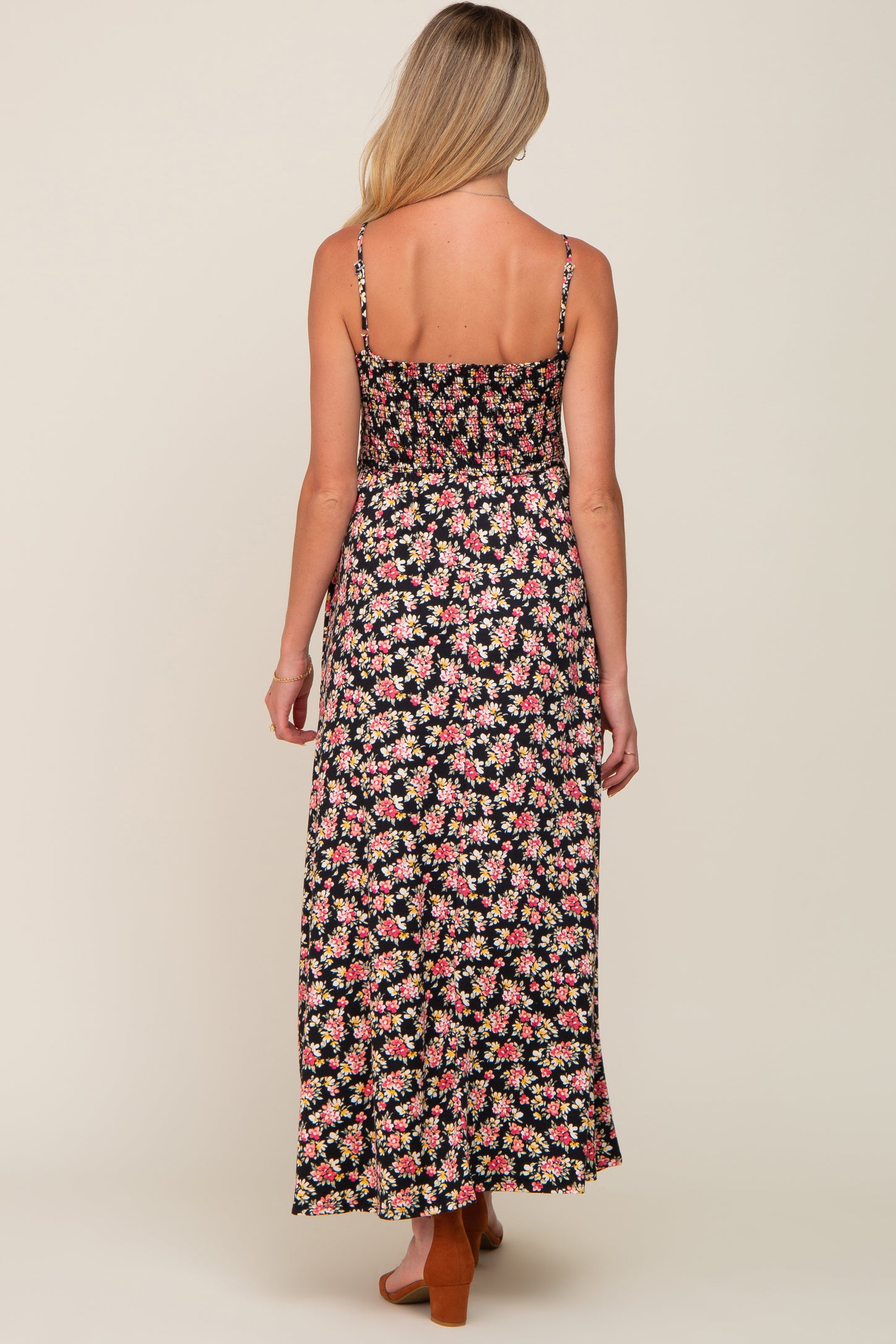 Black Square Neck Smocked Maternity Midi Dress