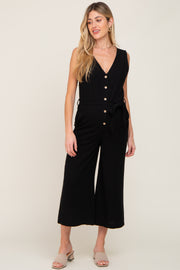 Black Sleeveless Button Front Maternity Cropped Jumpsuit