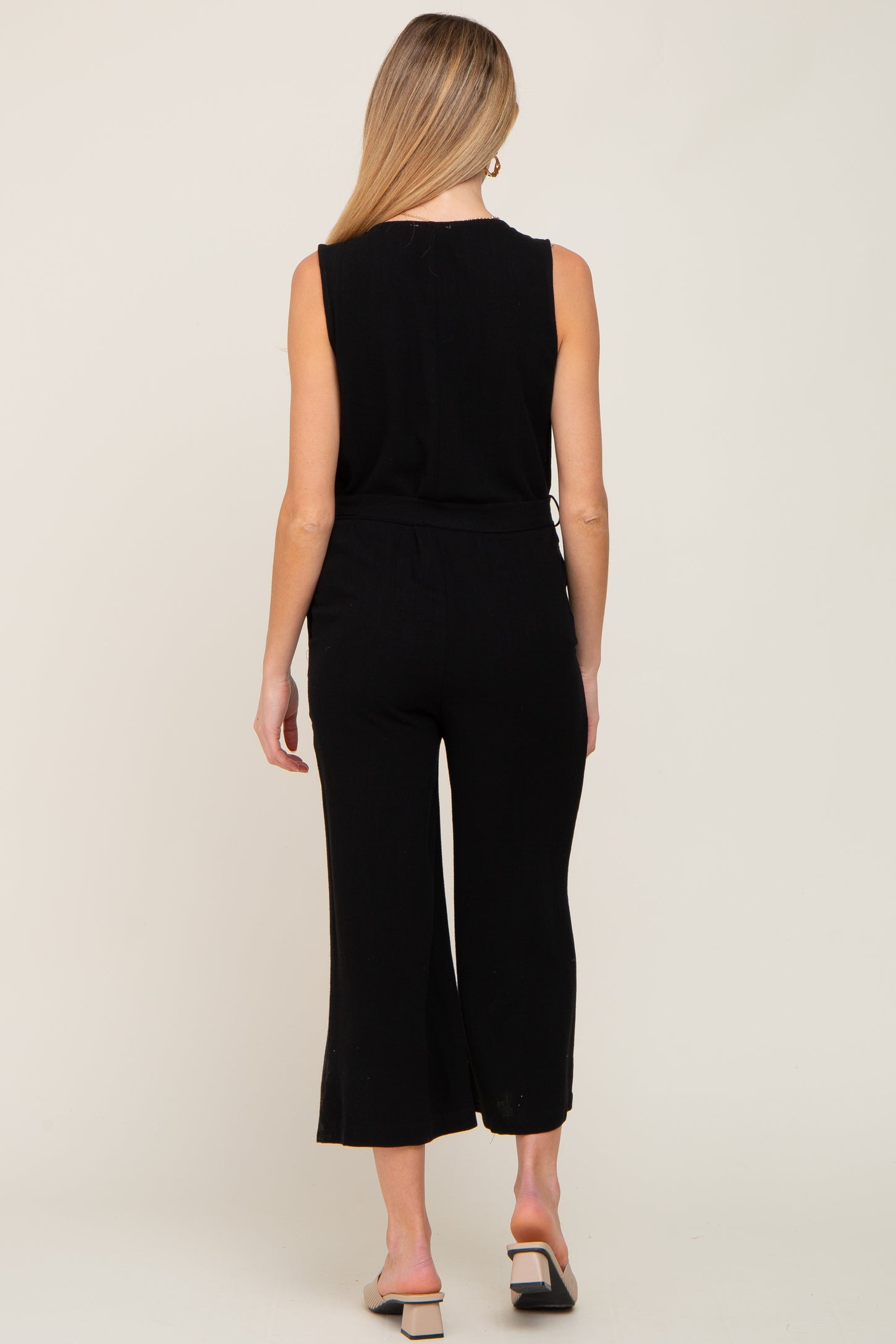 Black Sleeveless Button Front Maternity Cropped Jumpsuit