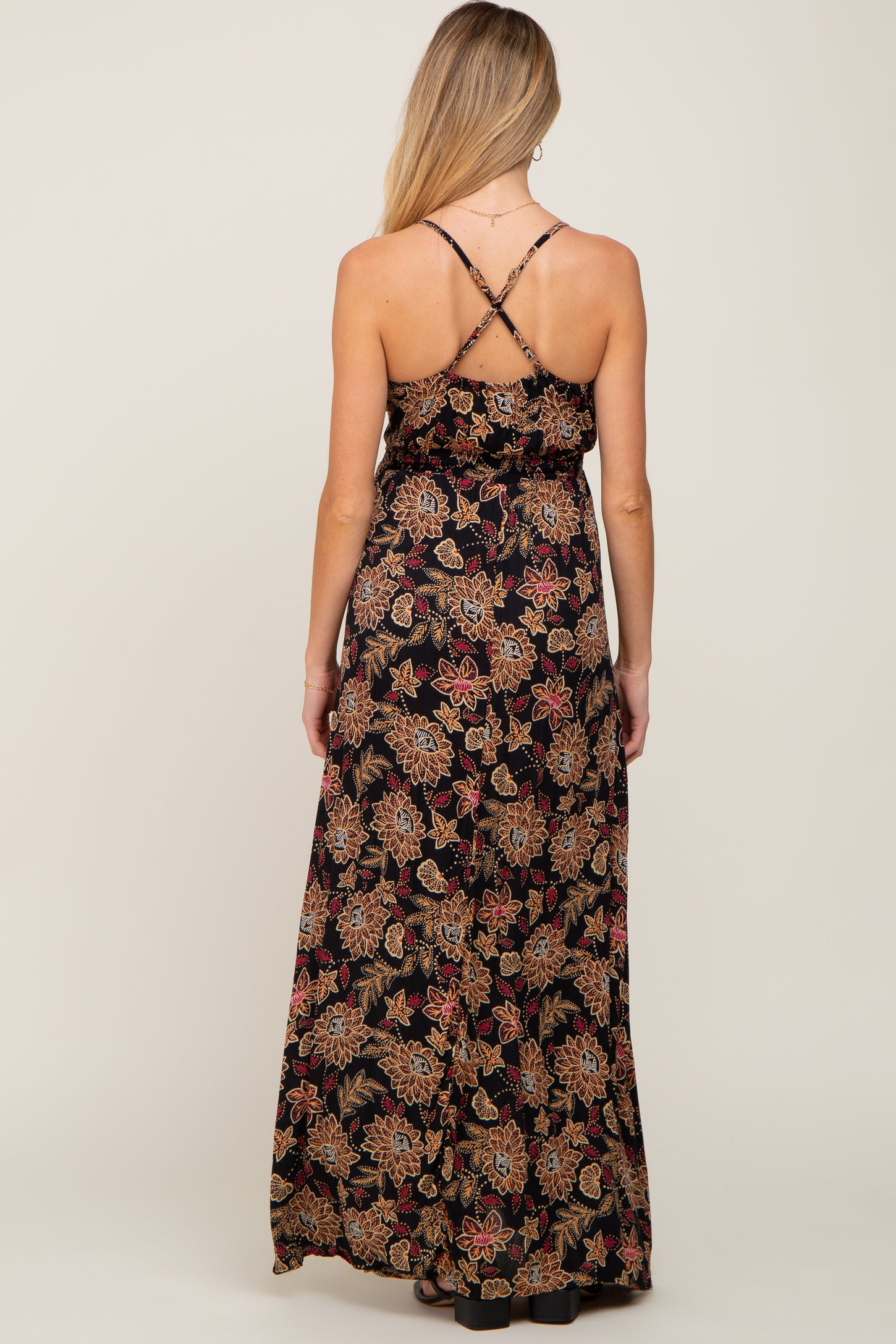 Black Floral V-Neck Cross Back Maternity Maxi Dress