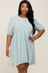 Light Green High Neck Puff Sleeve Plus Dress