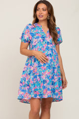 Blue Floral V-Neck Short Puff Sleeve Maternity Dress