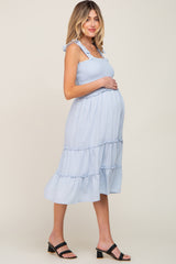 Blue Square Print Smocked Tie Strap Maternity Midi Dress