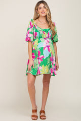 Green Floral Smocked Puff Sleeve Maternity Dress