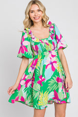 Green Floral Smocked Puff Sleeve Dress