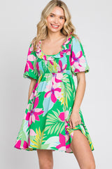 Green Floral Smocked Puff Sleeve Dress