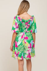 Green Floral Smocked Puff Sleeve Maternity Dress