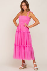 Pink Smocked Mesh Midi Dress