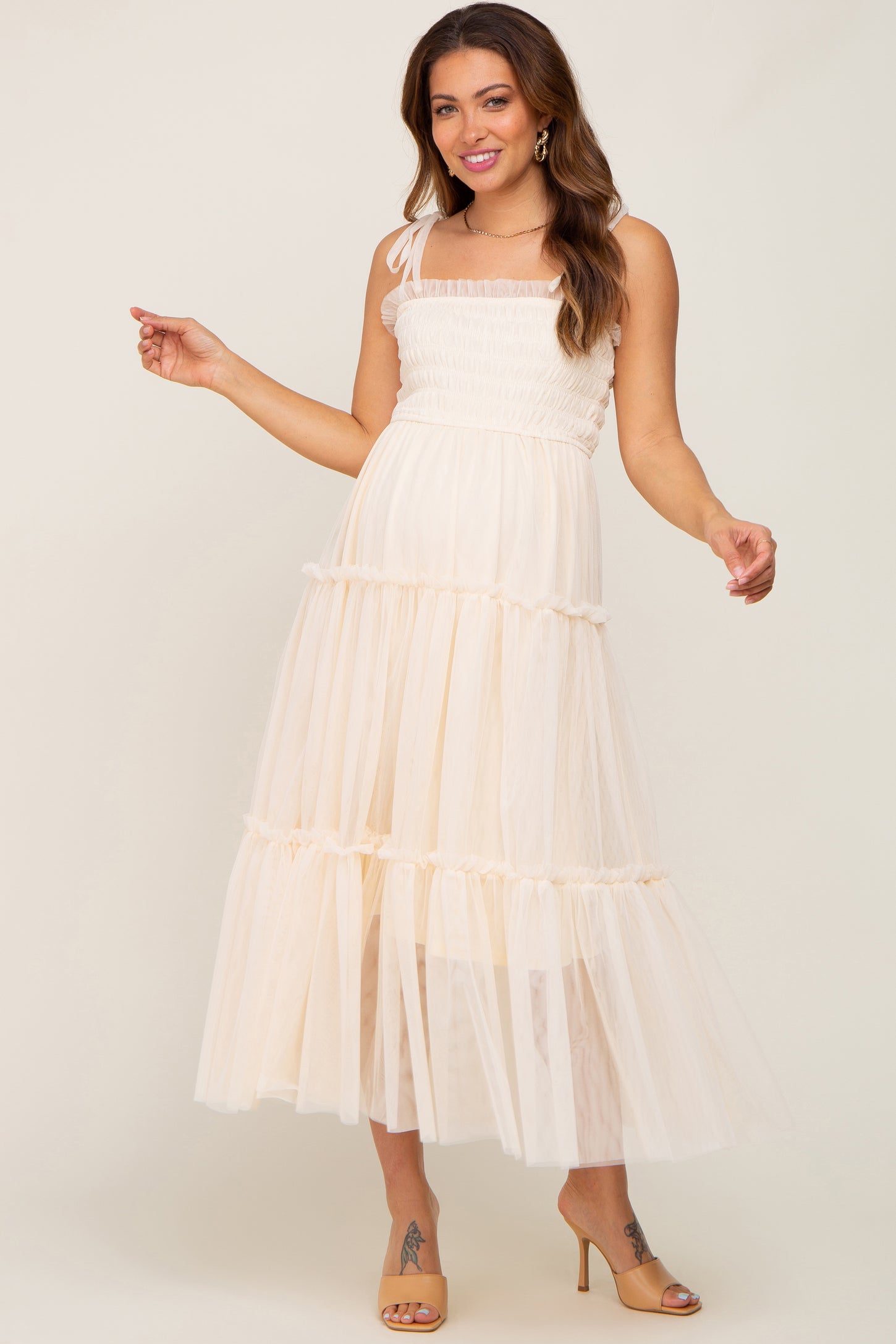 Cream Smocked Mesh Maternity Midi Dress