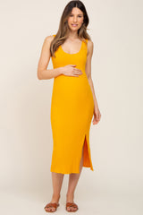 Yellow Ribbed Back Cutout Maternity Midi Dress