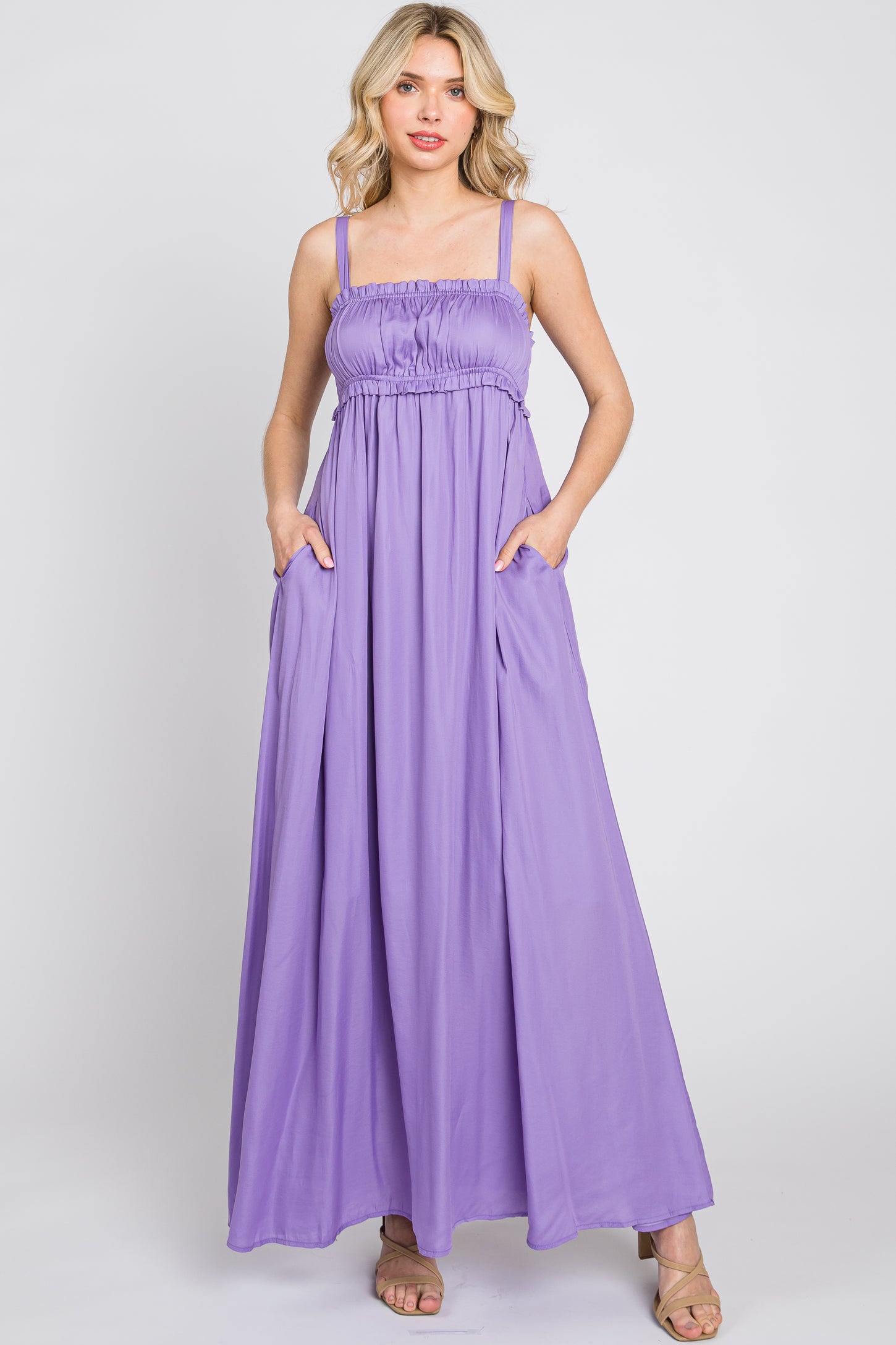 Lavender Shirred Sleeveless Maxi Dress