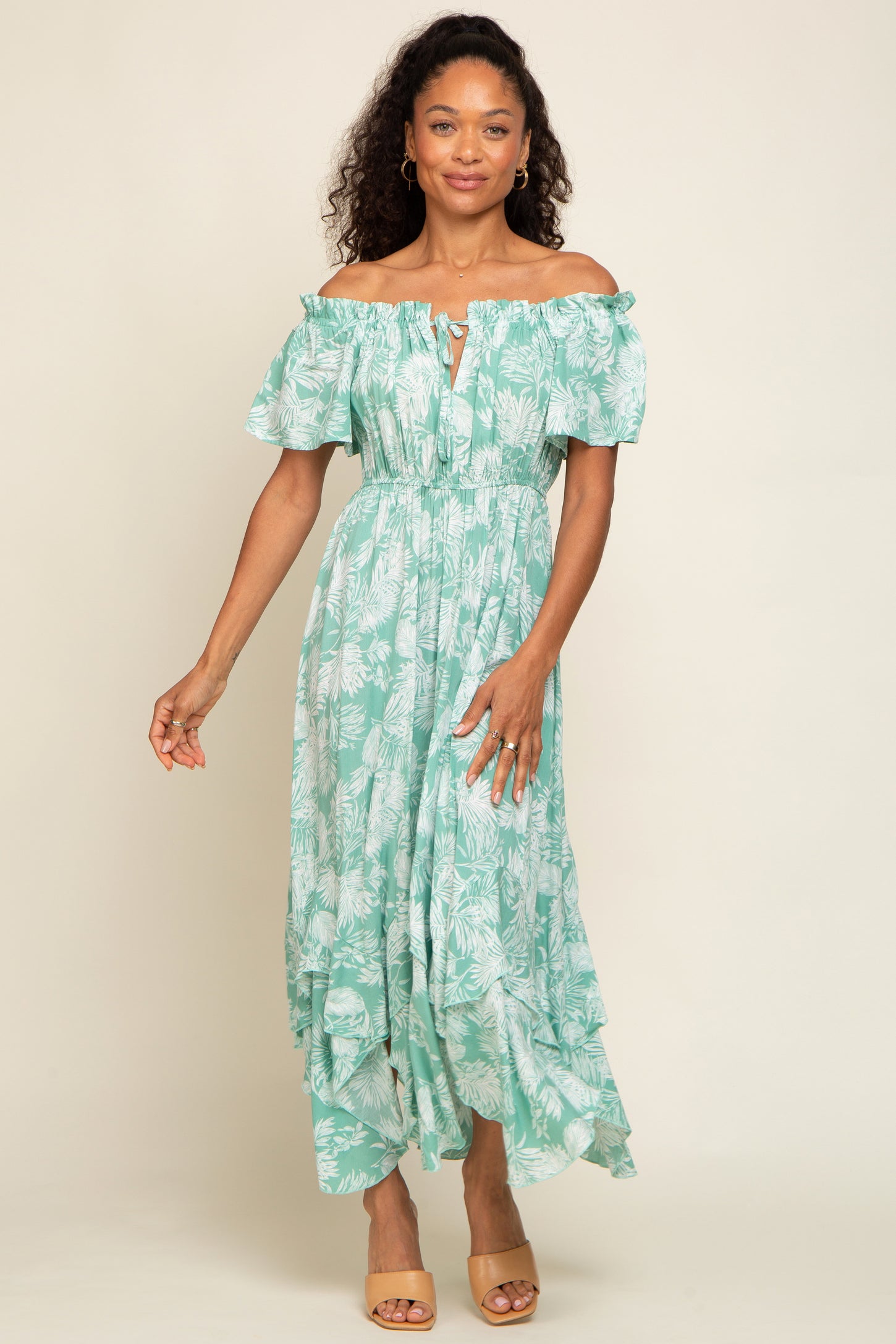 Mint Green Leaf Print Off Shoulder Handkerchief Midi Dress