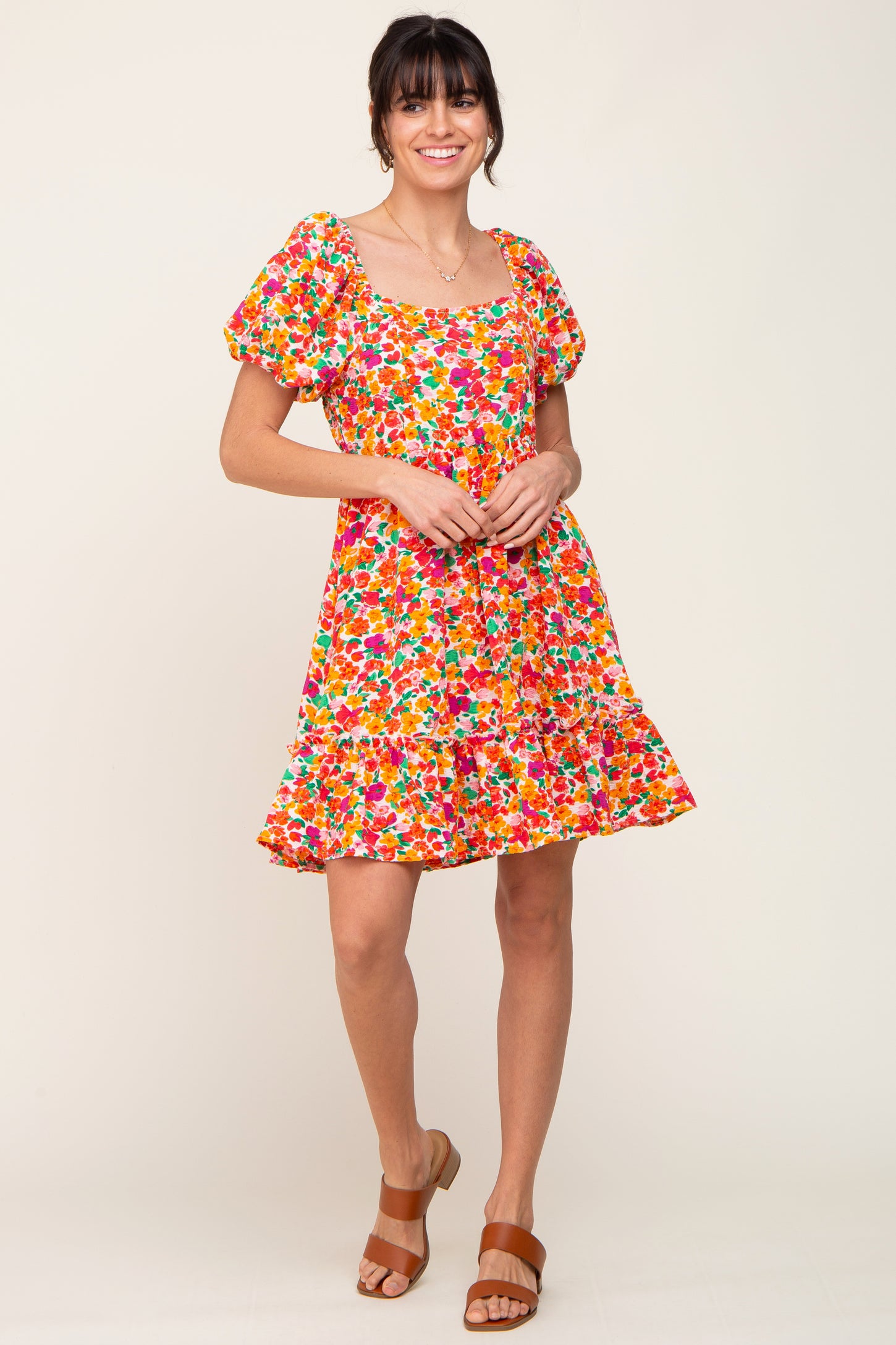 Pink Floral Square Neck Short Puff Sleeve Dress