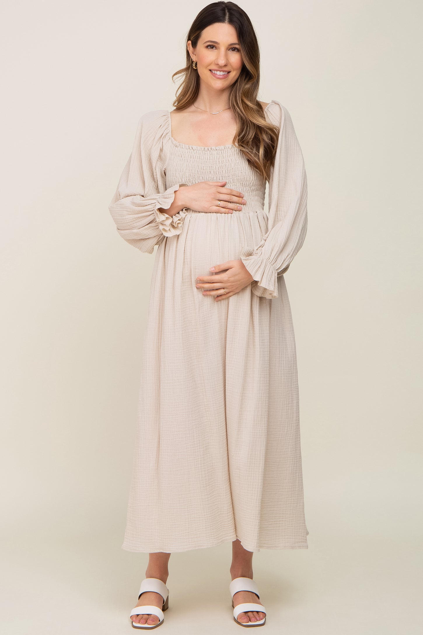 Beige Gauze Smocked Maternity Midi Dress