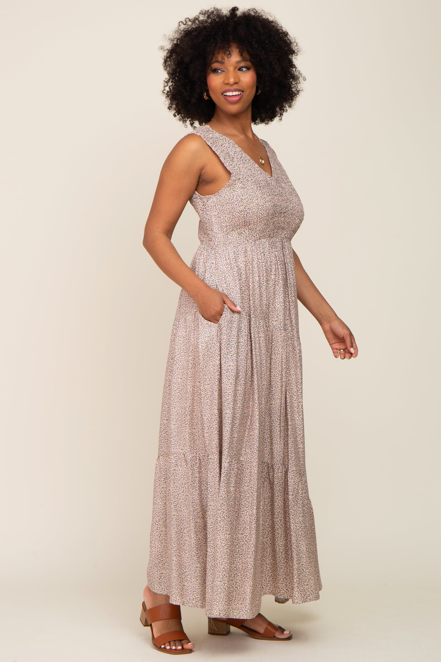 Cream Floral Smocked Sleeveless Back Tie Maxi Dress