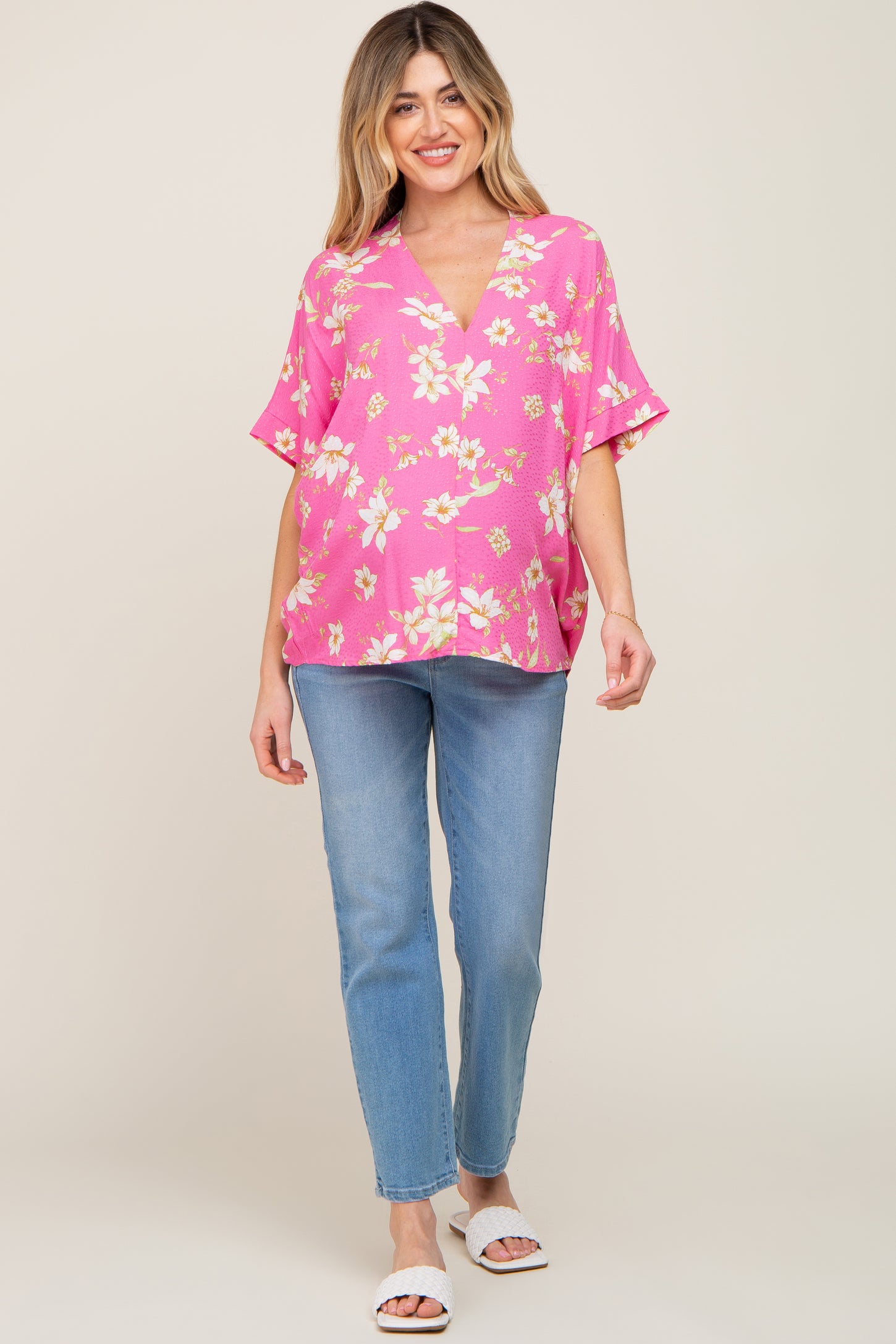 Fuchsia Floral Swiss Dot V-Neck Maternity Top