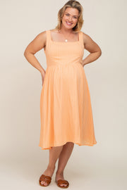 Peach Textured Gingham A-Line Maternity Plus Midi Dress