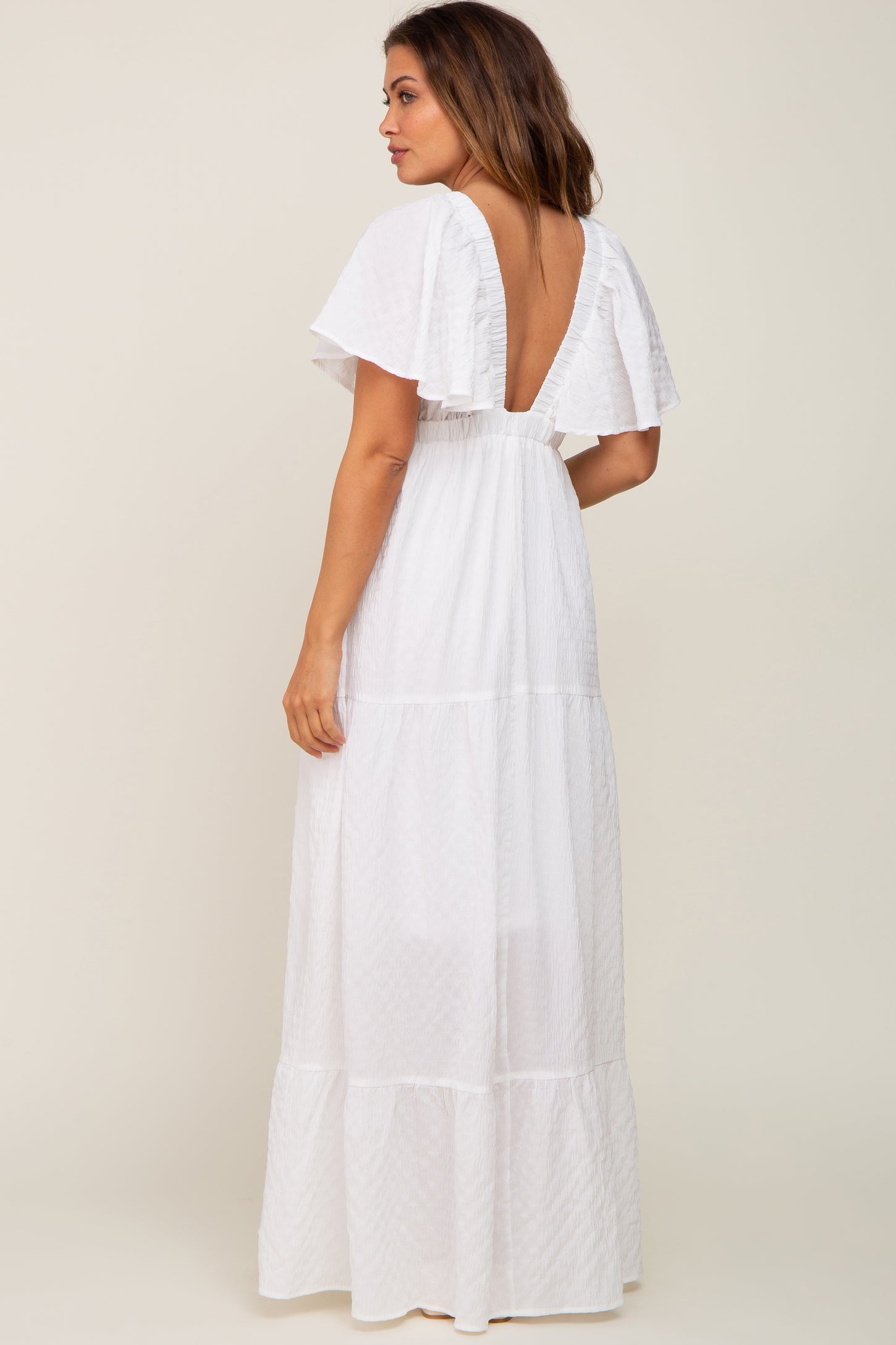 White Crepe Flounce Sleeve Tiered Maternity Maxi Dress