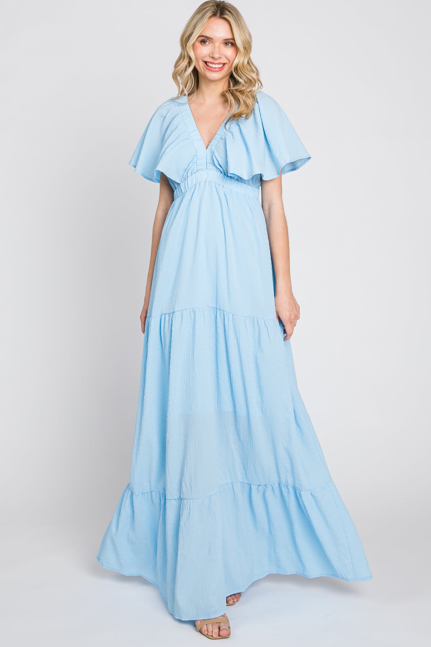 Light Blue Crepe Flounce Sleeve Tiered Maxi Dress