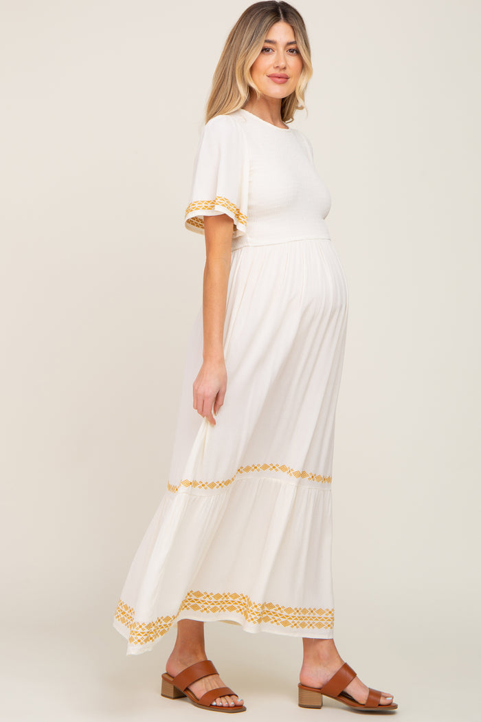 Ivory Embroidered Accent Maternity Maxi Dress