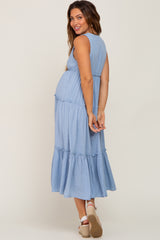 Light Blue Swiss Dot Sleeveless Tiered Maternity Midi Dress