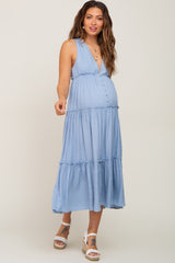 Light Blue Swiss Dot Sleeveless Tiered Maternity Midi Dress