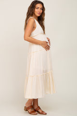 Ivory Swiss Dot Sleeveless Tiered Maternity Midi Dress