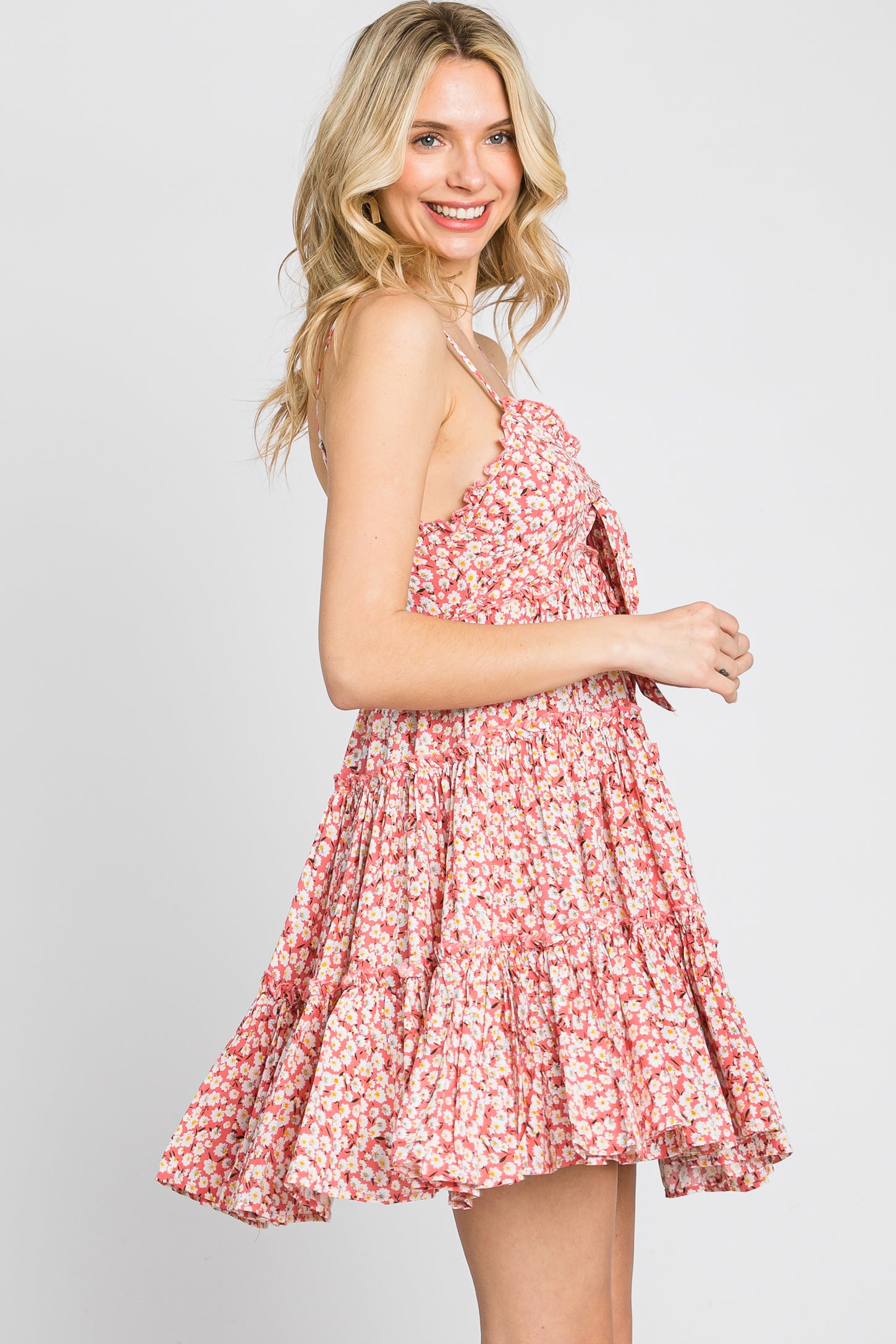 Pink Floral Cut Out Tiered Ruffle Mini Dress