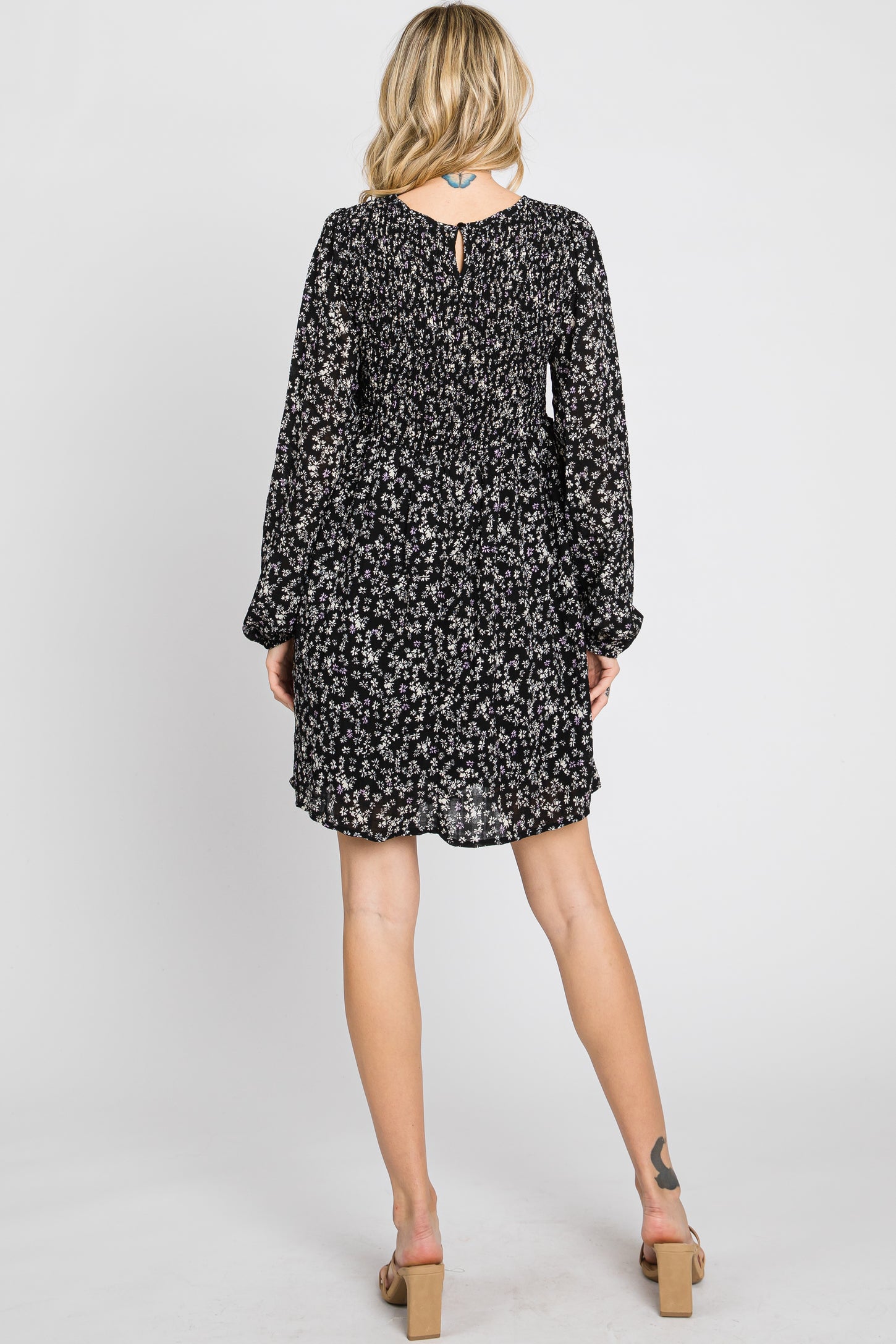 Black Floral Smocked Long Sleeve Dress