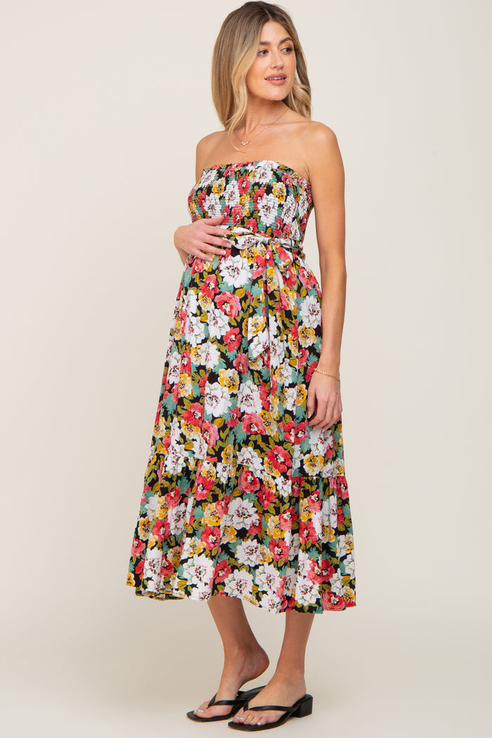 Black Floral Smocked Strapless Maternity Midi Dress