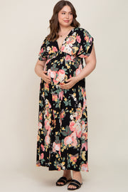 Black Floral Deep V-Neck Maternity Plus Maxi Dress