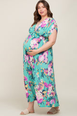 Aqua Floral Deep V-Neck Maternity Plus Maxi Dress