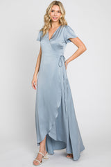 Blue Satin Hi-Lo Maxi Wrap Dress