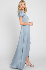 Blue Satin Hi-Lo Maxi Wrap Dress