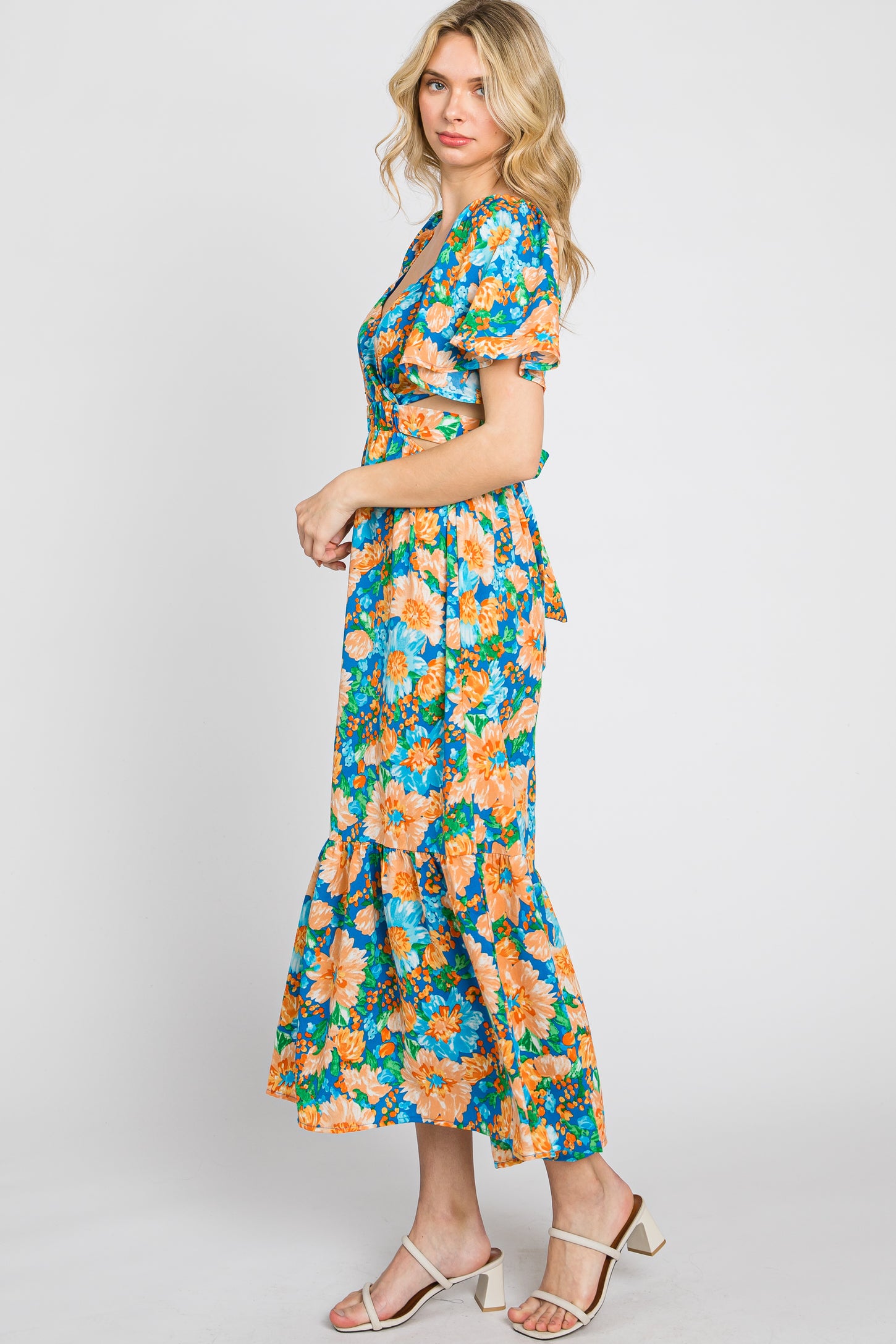 Multi-Color Floral Wrap Front Cutout Back Midi Dress