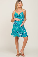 Teal Tropical Floral Front Tie Sleeveless Maternity Dress