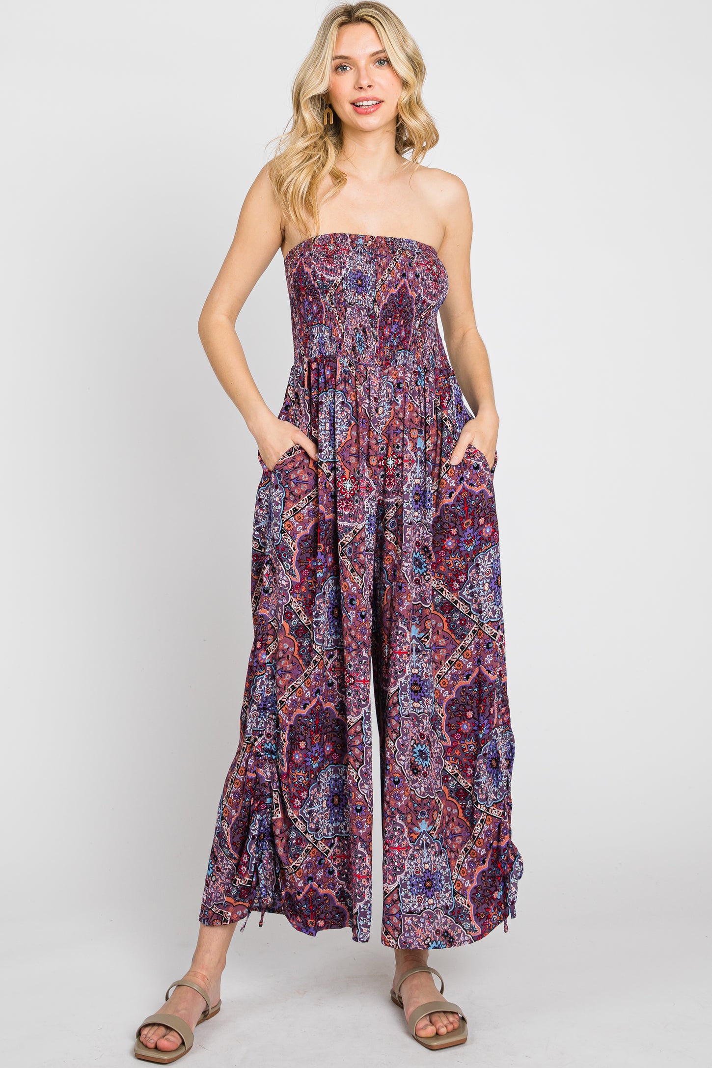 Violet Paisley Smocked Strapless Maternity Jumpsuit