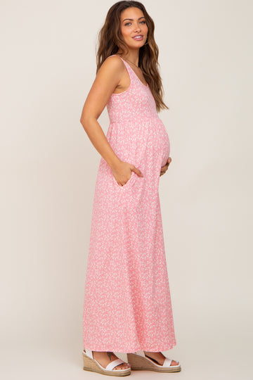 Pink Floral Sleeveless Maternity Maxi Dress